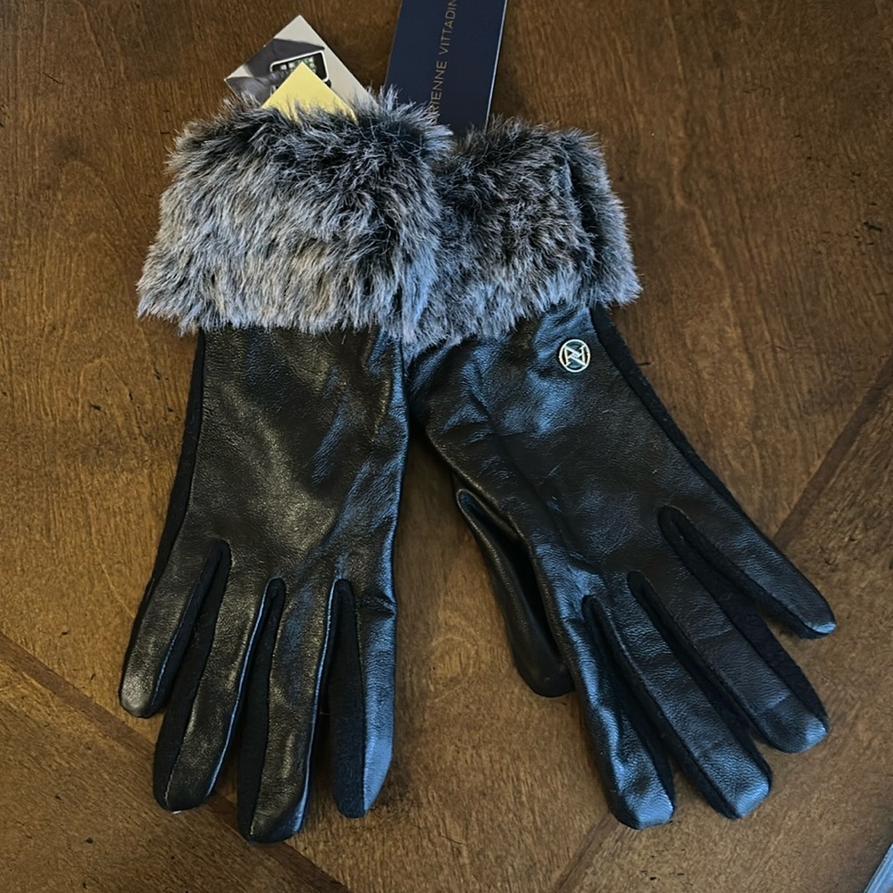 New Black Leather Faux Fur Gloves